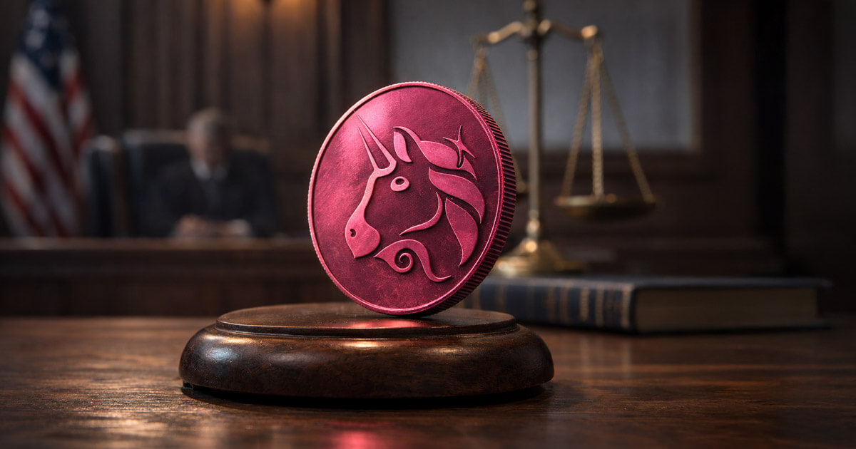 Uniswap token displayed on a judge’s gavel block inside a courtroom, symbolizing Uniswap defeating fraud claims and a ruling that could reshape liability for online scams