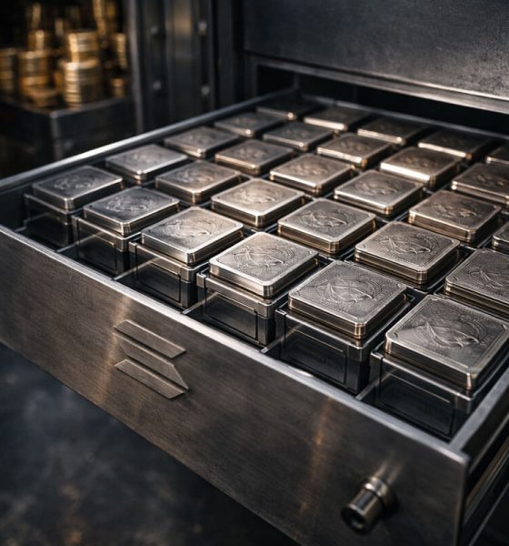 Vault drawer filled with uniform metal asset blocks bearing the Solana emblem, symbolizing tokenized stocks being listed on-chain for Wall Street