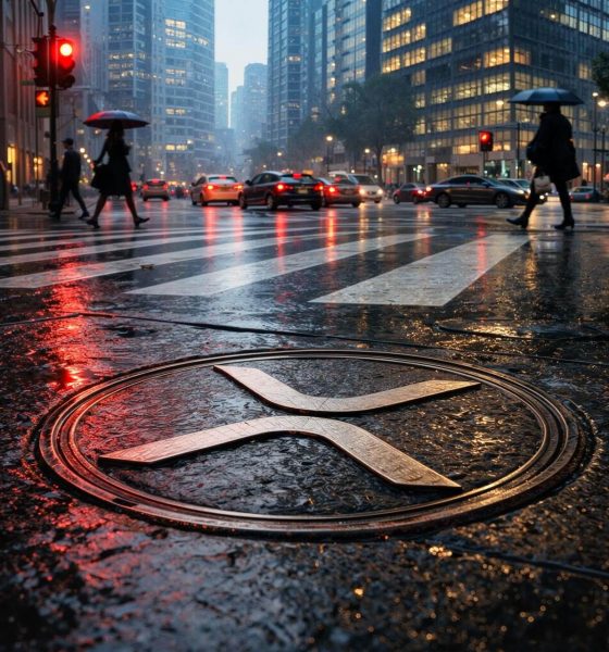 XRP logo on a rain-soaked city street as investors pull back, signaling first monthly outflow after a $1.2B ETF inflow streak