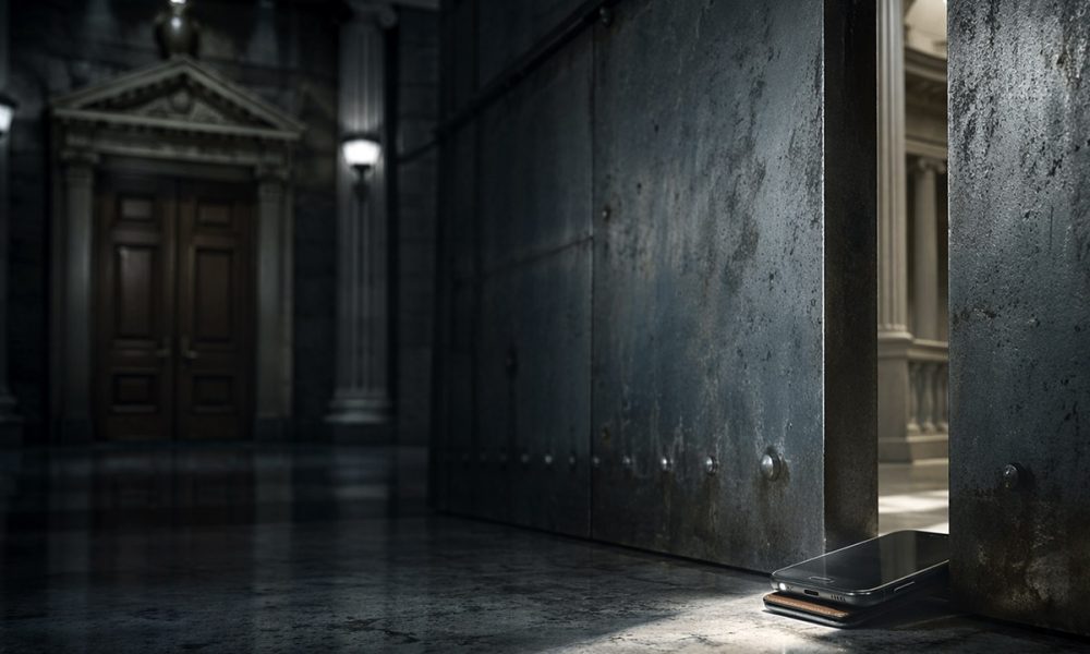 Smartphone propping open a heavy government-style door in a grand hall, symbolizing the SEC creating a narrow path for on-chain securities apps without waiting for Congress