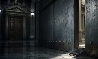 Smartphone propping open a heavy government-style door in a grand hall, symbolizing the SEC creating a narrow path for on-chain securities apps without waiting for Congress