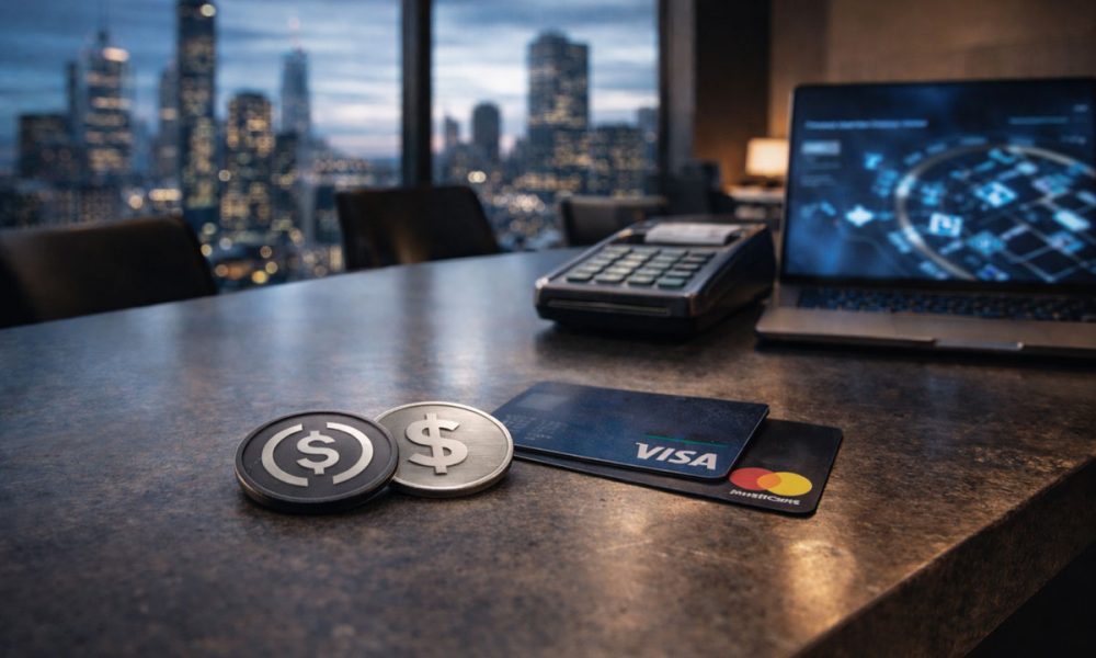 Stablecoin tokens beside Visa and Mastercard cards on a payment desk, illustrating coexistence rather than direct competition in modern payment systems