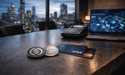 Stablecoin tokens beside Visa and Mastercard cards on a payment desk, illustrating coexistence rather than direct competition in modern payment systems