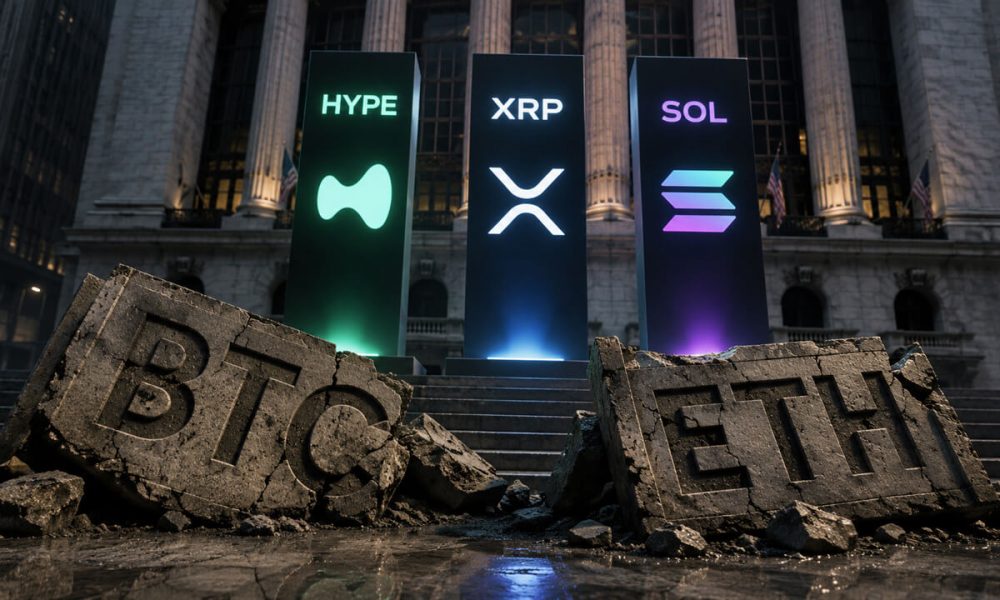 Broken Bitcoin and Ethereum ETF monuments beneath glowing HYPE, XRP, and Solana symbols illustrating investor rotation away from BTC and ETH funds into alternative crypto assets