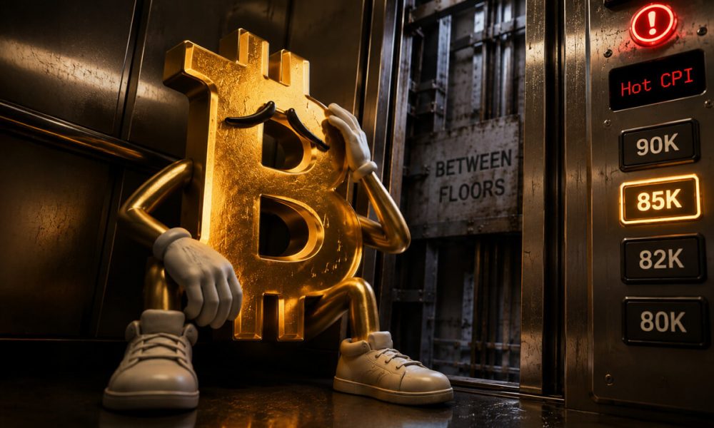 Worried Bitcoin character trapped in an elevator between price levels after hot CPI inflation data raised fears of renewed interest rate hikes