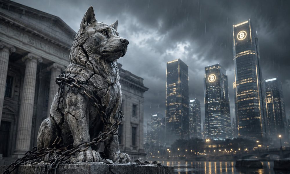 Chained wolf statue outside a regulatory building with Bitcoin-branded skyline reflecting debate over expanded CFTC crypto oversight and industry scrutiny of regulators