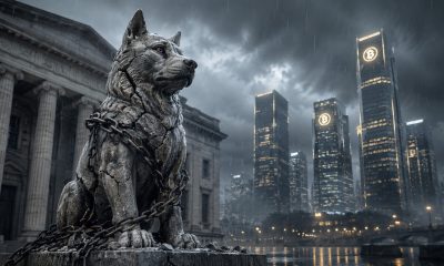 Chained wolf statue outside a regulatory building with Bitcoin-branded skyline reflecting debate over expanded CFTC crypto oversight and industry scrutiny of regulators