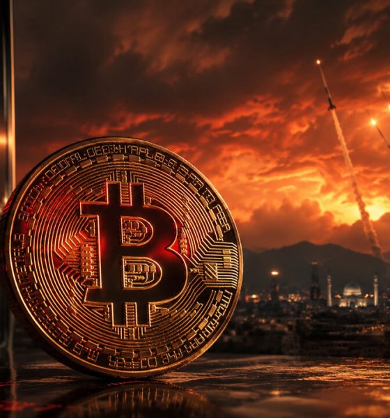 Bitcoin beside a falling market chart and missile-filled skyline, reflecting how the US-Iran ceasefire keeps Bitcoin tied to geopolitical and macro uncertainty
