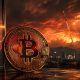 Bitcoin beside a falling market chart and missile-filled skyline, reflecting how the US-Iran ceasefire keeps Bitcoin tied to geopolitical and macro uncertainty