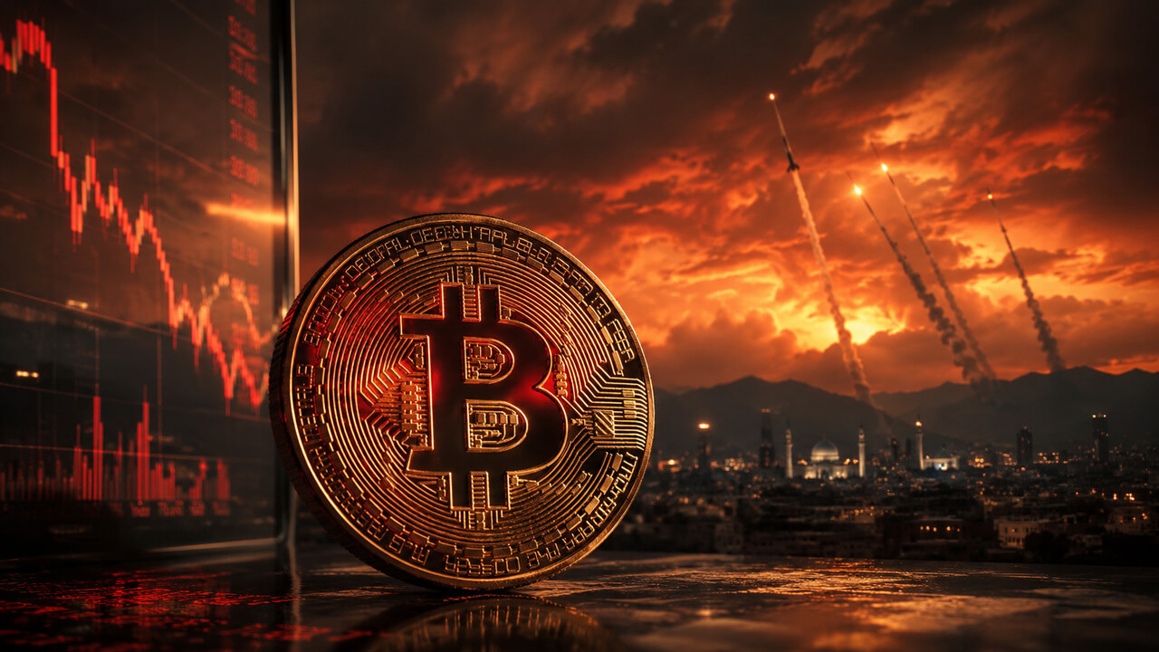 Bitcoin beside a falling market chart and missile-filled skyline, reflecting how the US-Iran ceasefire keeps Bitcoin tied to geopolitical and macro uncertainty