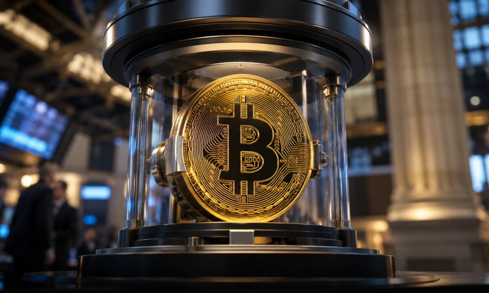 Bitcoin secured inside a trading vault on Wall Street symbolizing Nasdaq Bitcoin options approval and the ongoing institutional battle over crypto market access and regulation