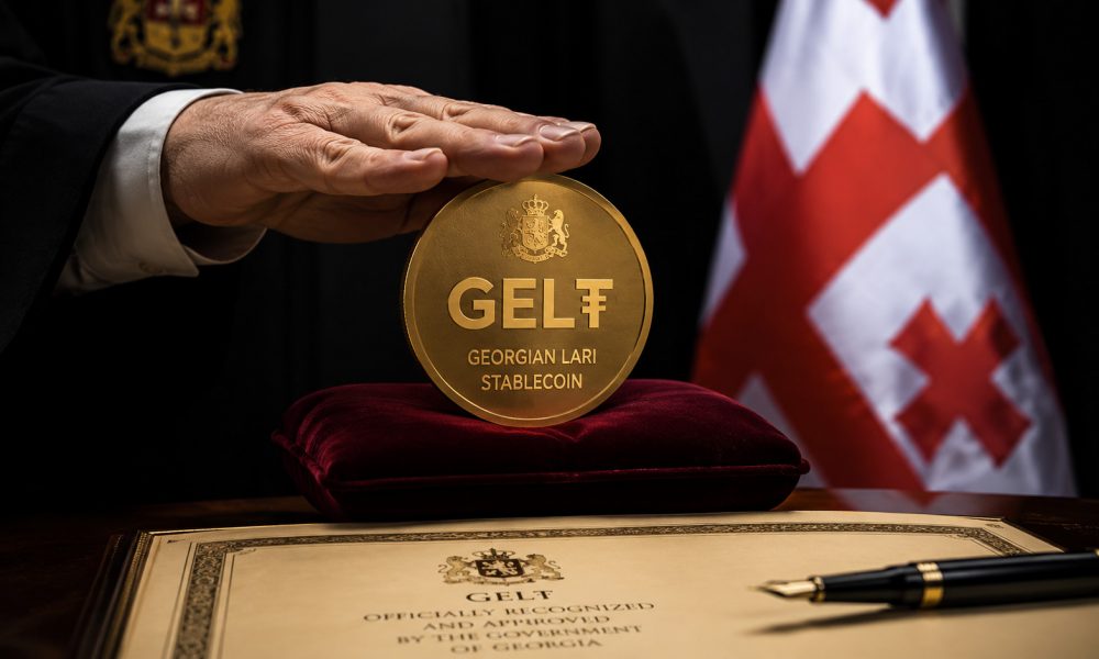 GEL₮ Georgian lari stablecoin displayed with official ceremony setting and Georgian flag symbolizing Tether-backed national payment rail expansion in Georgia