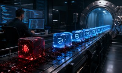 Red bug-filled code block moving through a secure vault pipeline, illustrating how the next DeFi exploit may emerge before smart contract deployment and security review.