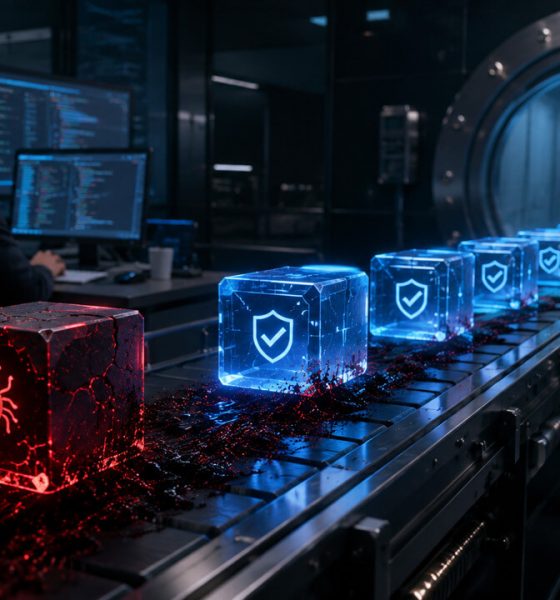 Red bug-filled code block moving through a secure vault pipeline, illustrating how the next DeFi exploit may emerge before smart contract deployment and security review.