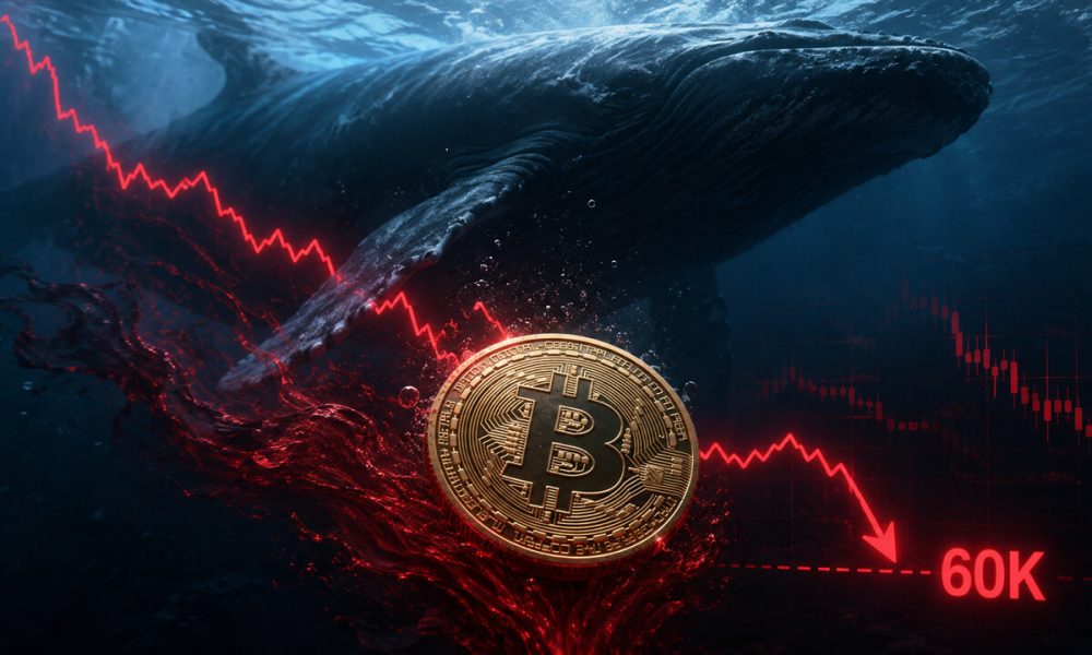 Bitcoin whale and falling price chart looming over BTC as bearish market signal points toward a potential drop to $60,000