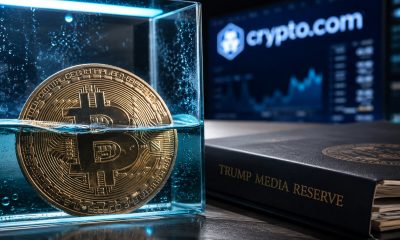 Bitcoin partially submerged in water beside a Trump Media reserve binder and Crypto.com display, symbolizing mounting pressure on the company’s underwater BTC holdings
