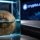Bitcoin partially submerged in water beside a Trump Media reserve binder and Crypto.com display, symbolizing mounting pressure on the company’s underwater BTC holdings