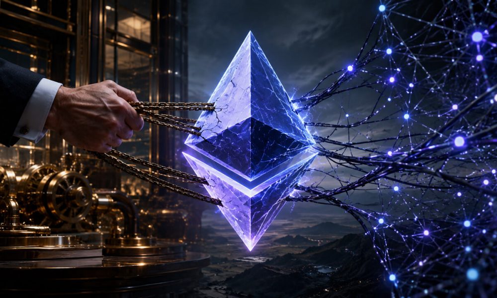 Ethereum governance and execution debate visualized by a glowing ETH symbol pulled between institutional control and decentralized network forces