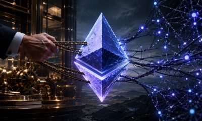 Ethereum governance and execution debate visualized by a glowing ETH symbol pulled between institutional control and decentralized network forces