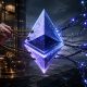 Ethereum governance and execution debate visualized by a glowing ETH symbol pulled between institutional control and decentralized network forces