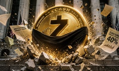 Zcash coin erupting through Wall Street debris as institutional interest drives a powerful rally in privacy-focused cryptocurrencies