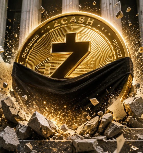 Zcash coin erupting through Wall Street debris as institutional interest drives a powerful rally in privacy-focused cryptocurrencies