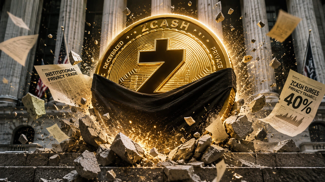 Zcash coin erupting through Wall Street debris as institutional interest drives a powerful rally in privacy-focused cryptocurrencies