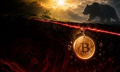 Bitcoin falling below the 200-week moving average bear market support line illustration