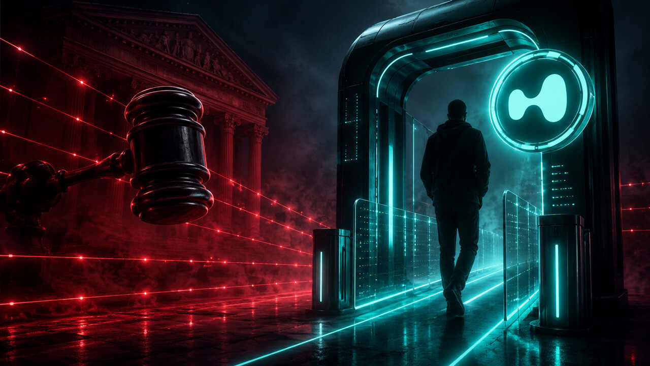 Hyperliquid symbol emerging from a red digital network and data streams, illustrating blockchain transactions, cryptocurrency markets, and Bitcoin ecosystem growth.