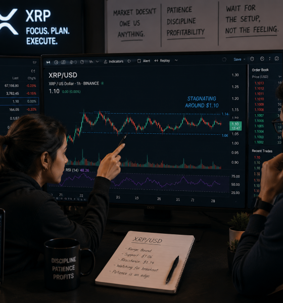 Traders analyzing XRP as it stays below $1.12